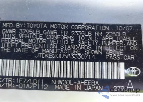 2008 Toyota Prius из США, поврежденный, VIN JTDKB20U583330714